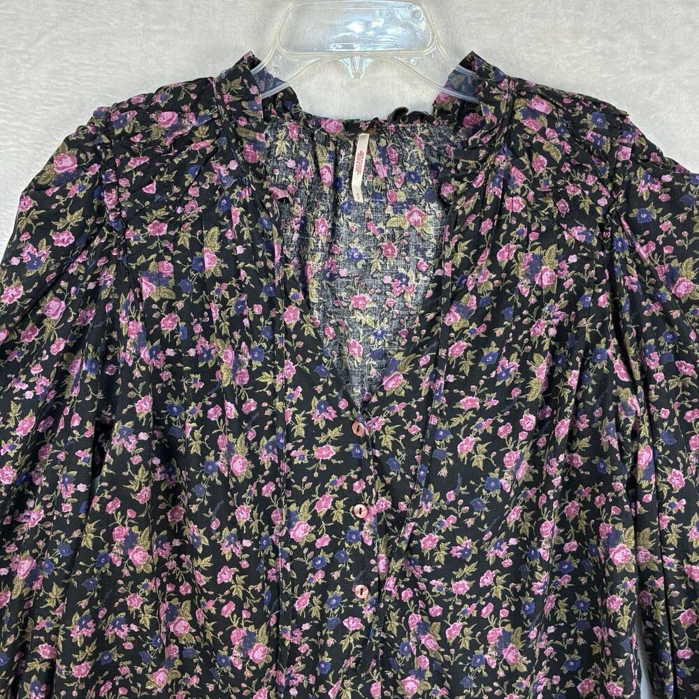 Free People Top Womens S Black Pink Floral Shirt Cottage Boho Summer Western - Picture 2 of 11